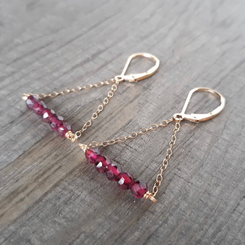 Garnet Earrings Lever Back 14k gold fill Dainty Dangle Handmade Natural Gemstone